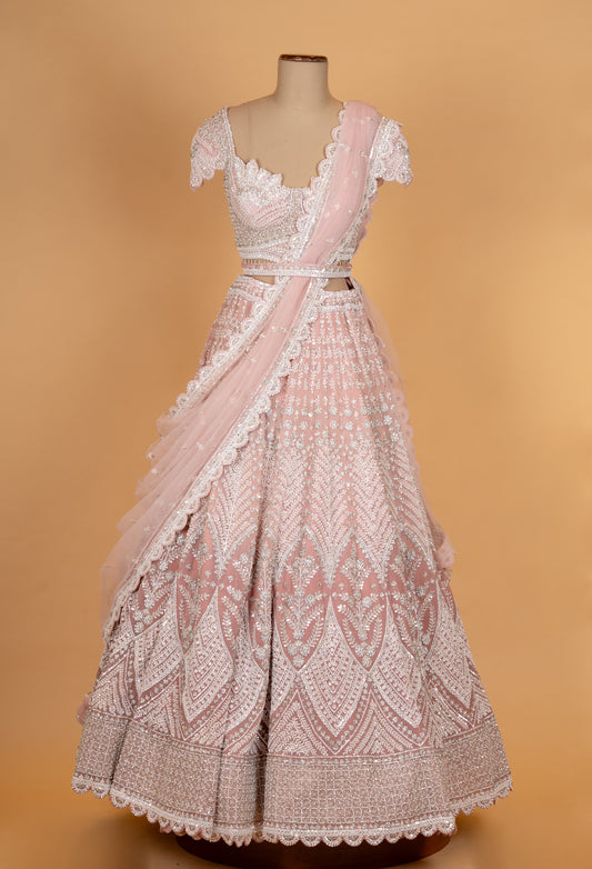 Blush pink embroidered lehenga with scalloped blouse and net dupatta – product image 2