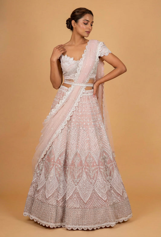 Blush Pink Embroidered Lehenga Set with Scalloped Blouse & Net Dupatta | Designer Bridal & Reception Wear