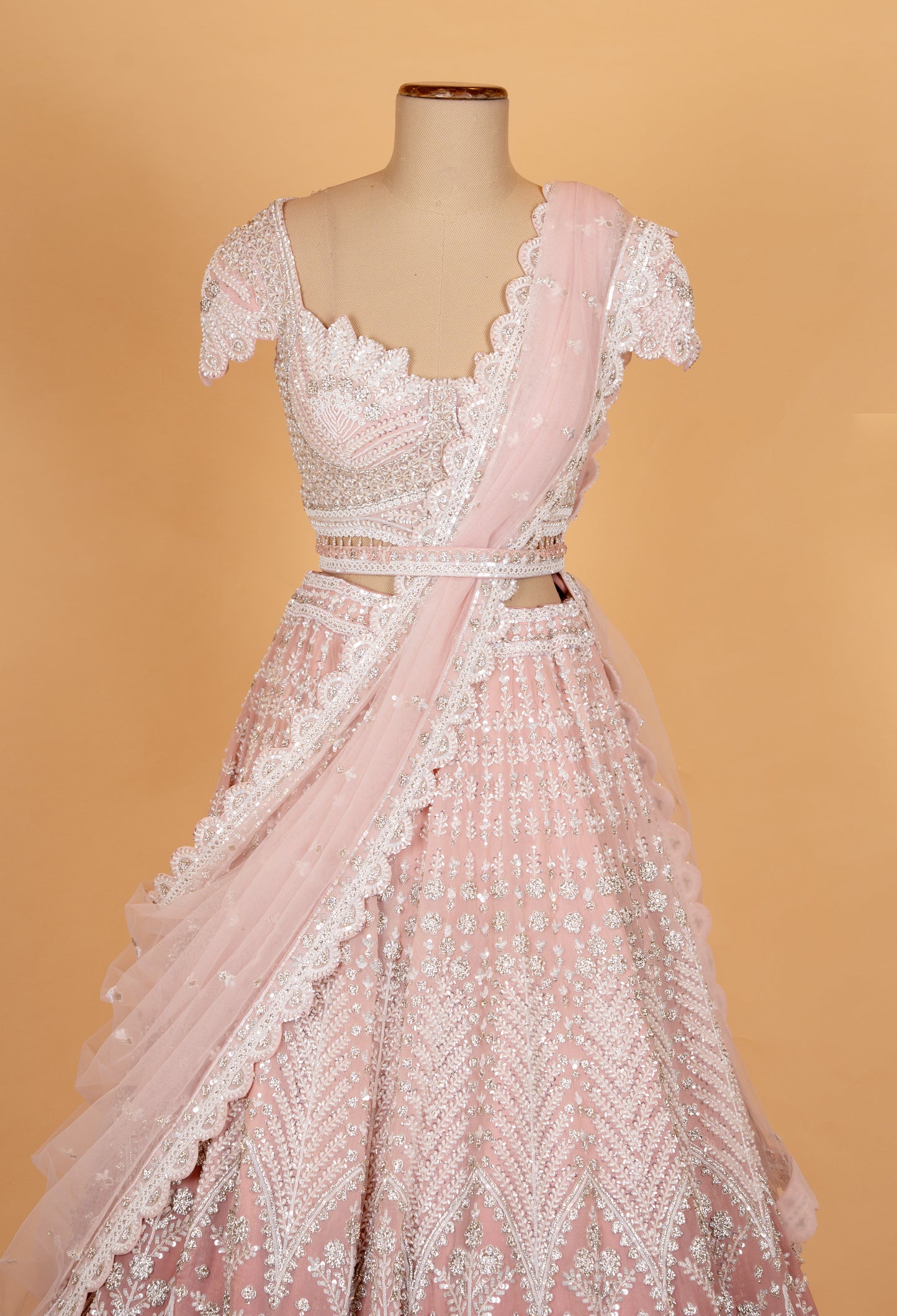 Blush Pink Embroidered Lehenga Set with Scalloped Blouse & Net Dupatta | Designer Bridal & Reception Wear