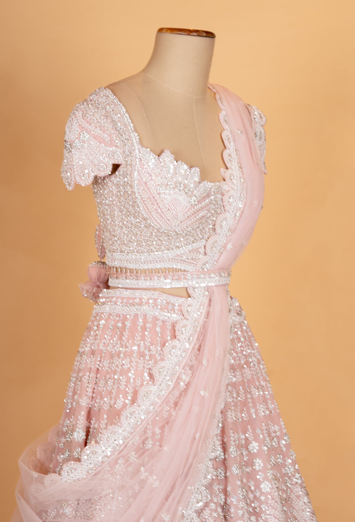 Blush Pink Embroidered Lehenga Set with Scalloped Blouse & Net Dupatta | Designer Bridal & Reception Wear