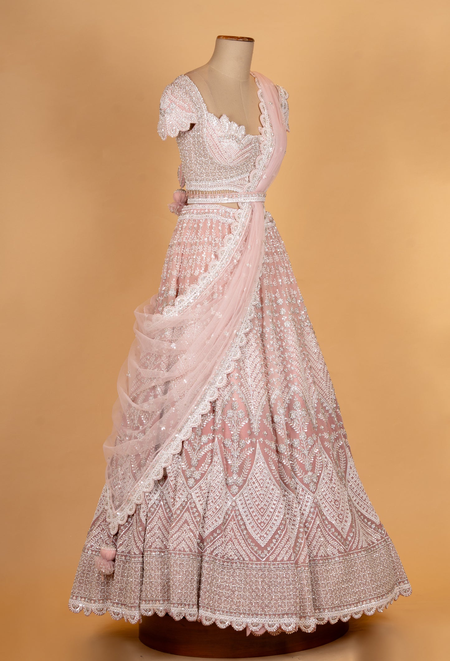 Blush Pink Embroidered Lehenga Set with Scalloped Blouse & Net Dupatta | Designer Bridal & Reception Wear