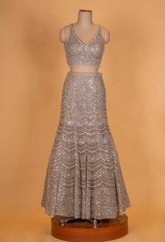 Champagne gold embroidered lehenga set with net dupatta – product image 2