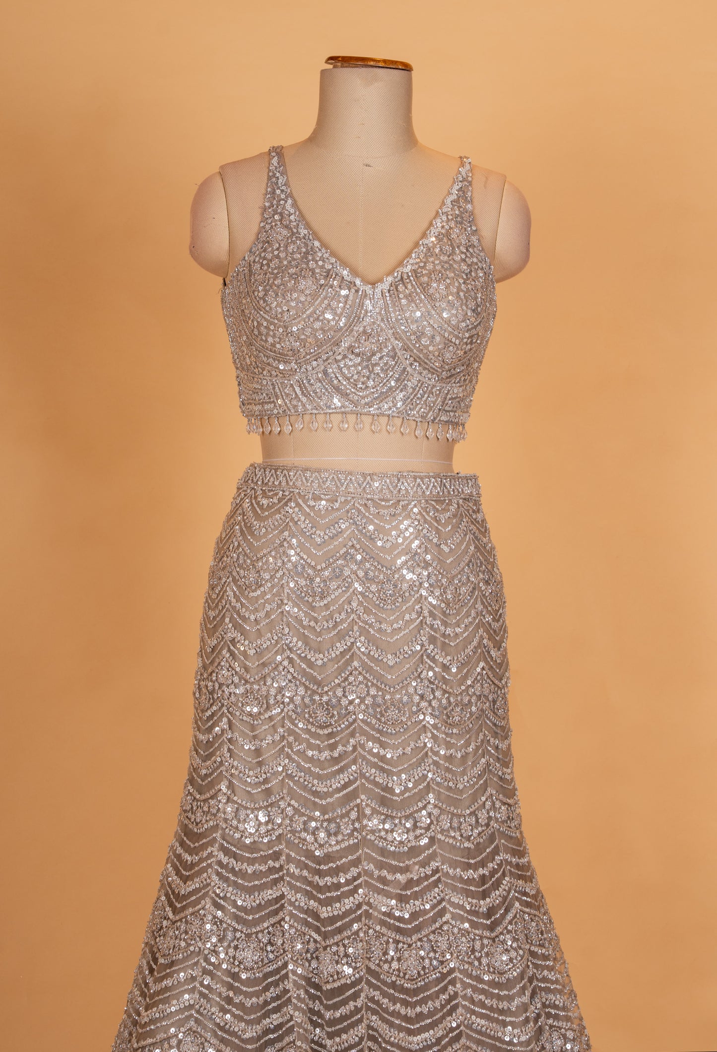 Champagne Gold Embroidered Lehenga Set with Sequins & Net Dupatta | Luxury Designer Bridal Wear