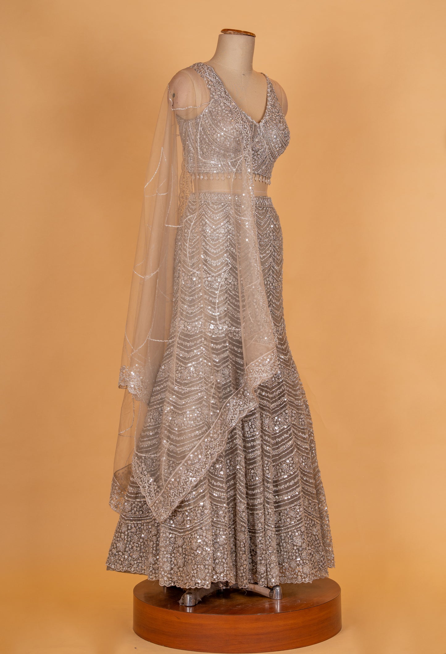 Champagne Gold Embroidered Lehenga Set with Sequins & Net Dupatta | Luxury Designer Bridal Wear
