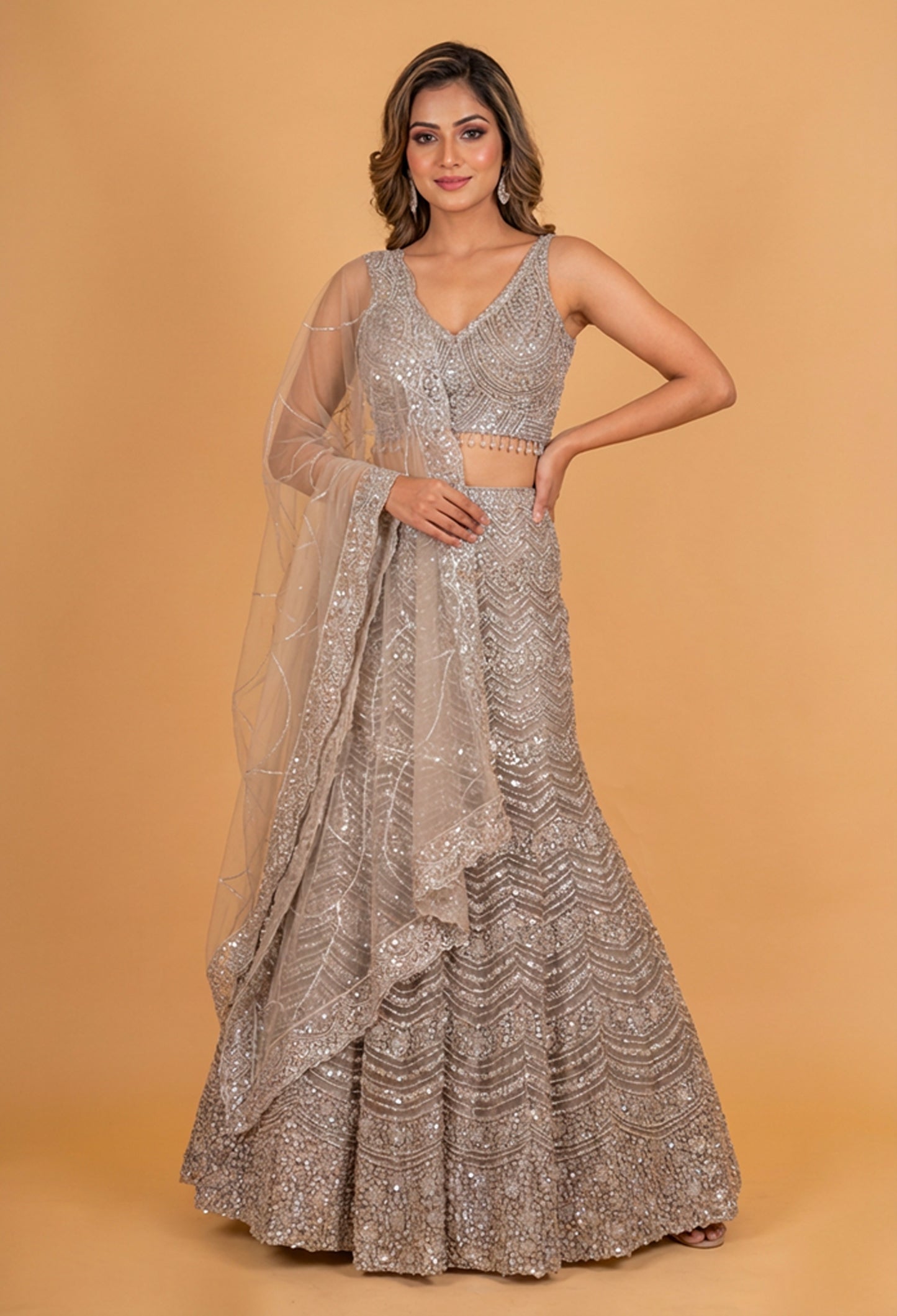 Champagne Gold Embroidered Lehenga Set with Sequins & Net Dupatta | Luxury Designer Bridal Wear