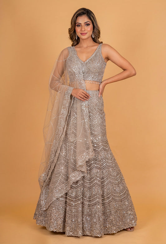 Champagne Gold Embroidered Lehenga Set with Sequins & Net Dupatta | Luxury Designer Bridal Wear