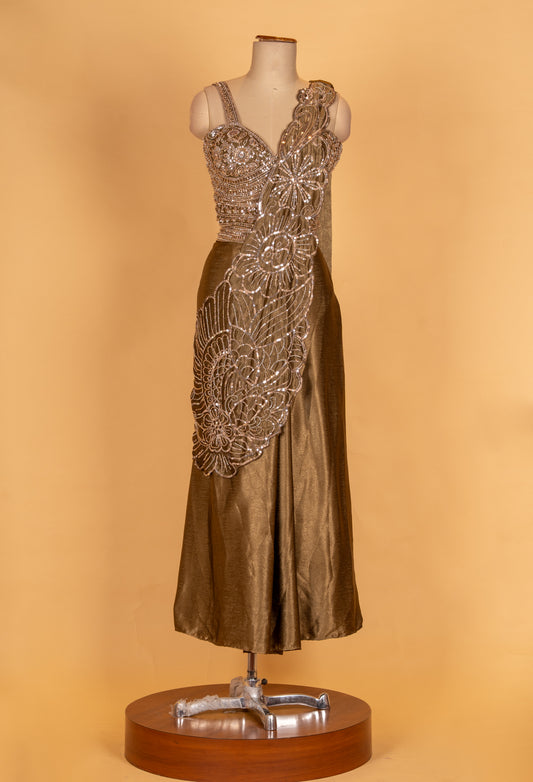 Antique Gold Embroidered Saree Gown with Sequins & Designer Drape | Luxury Cocktail & Evening Wear