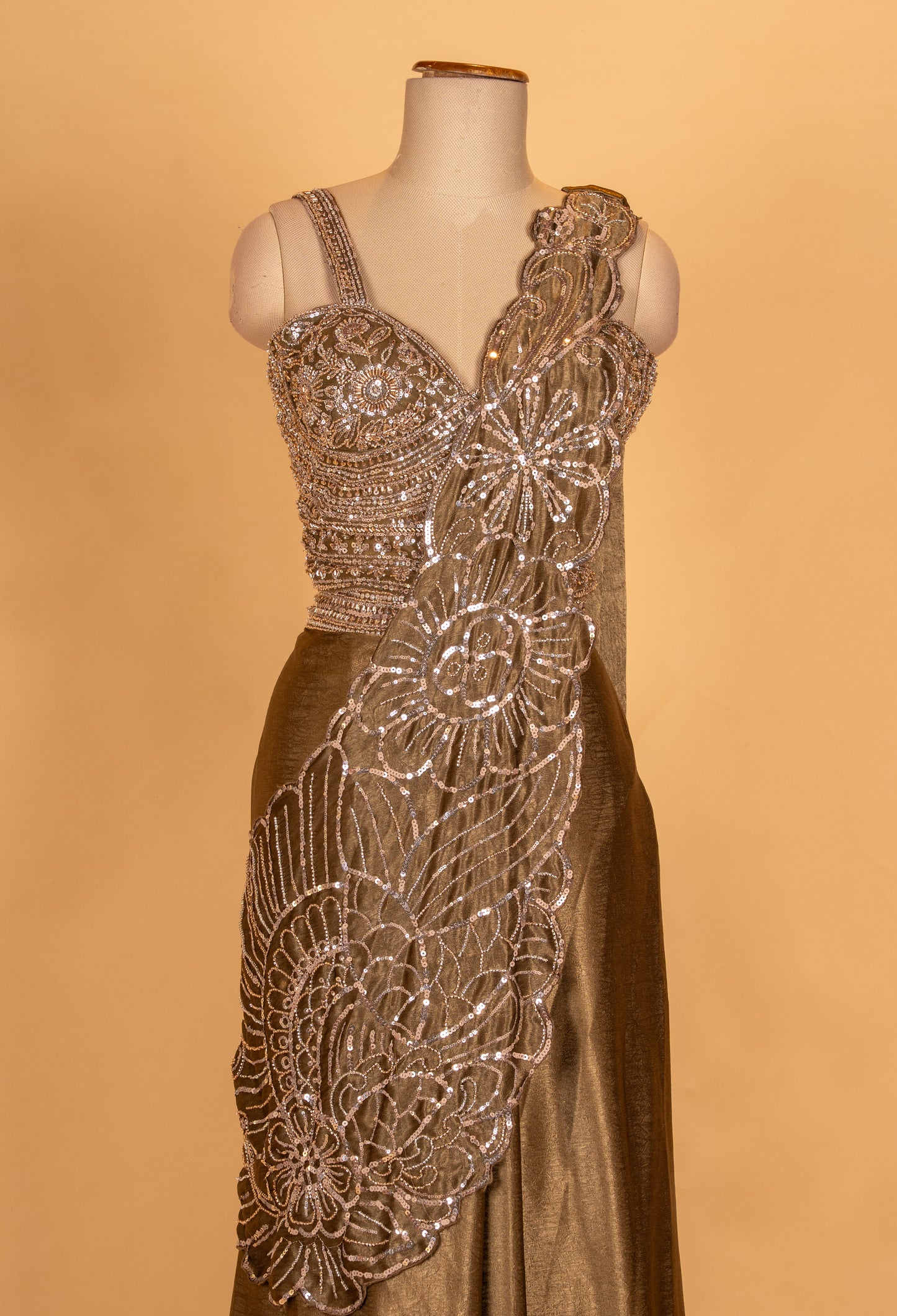 Antique Gold Embroidered Saree Gown with Sequins & Designer Drape | Luxury Cocktail & Evening Wear