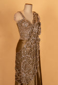 Antique Gold Embroidered Saree Gown with Sequins & Designer Drape | Luxury Cocktail & Evening Wear