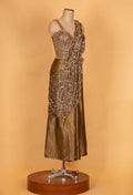 Antique Gold Embroidered Saree Gown with Sequins & Designer Drape | Luxury Cocktail & Evening Wear