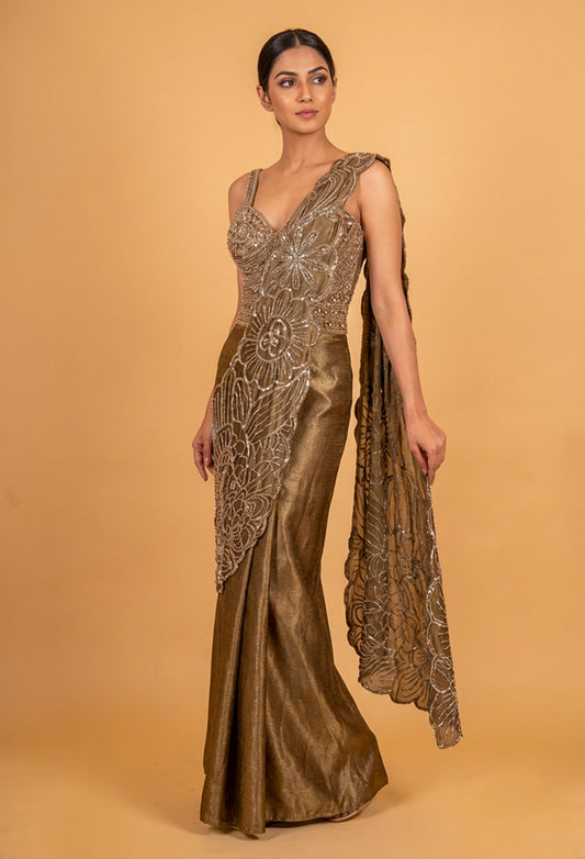 Antique Gold Embroidered Saree Gown with Sequins & Designer Drape | Luxury Cocktail & Evening Wear