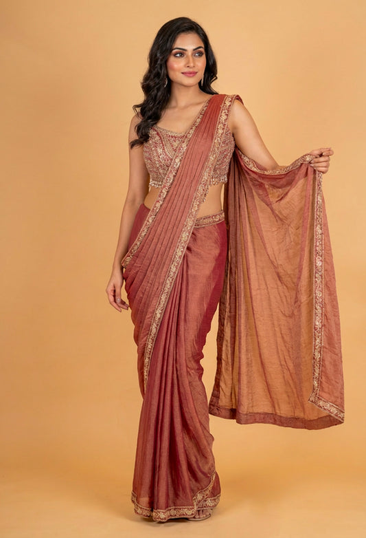 Rust Orange Embroidered Saree with Designer Blouse | Elegant Festive & Party Wear Saree