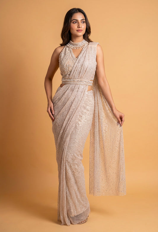 Champagne Gold Embellished Saree with Designer Halter Blouse | Contemporary Luxury Saree