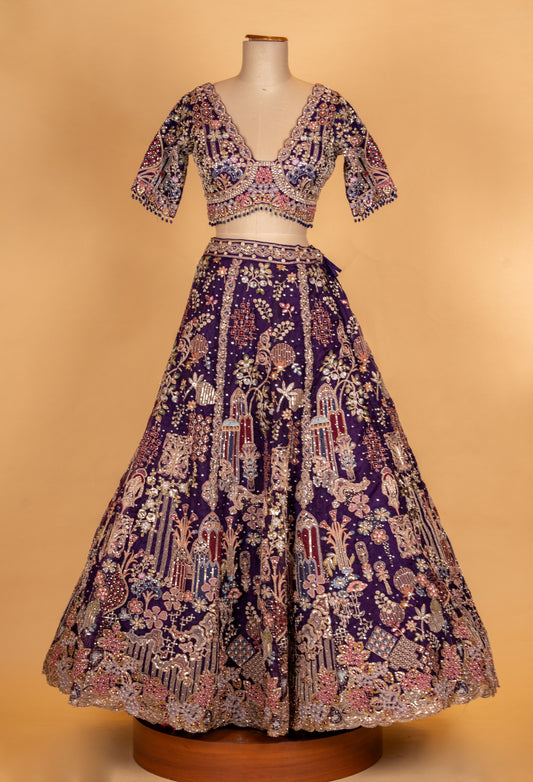 Royal Plum Embroidered Lehenga Set with Sheer Dupatta | Designer Bridal & Occasion Wear - view 2