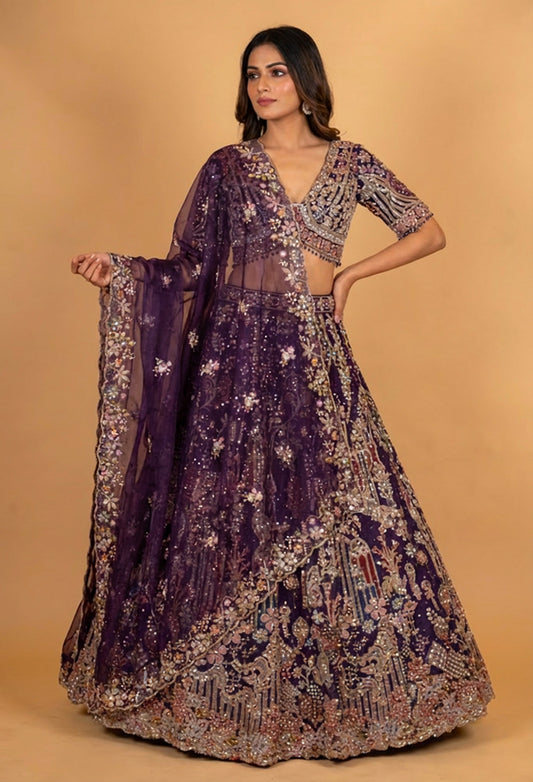 Royal Plum Embroidered Lehenga Set with Sheer Dupatta | Designer Bridal & Occasion Wear