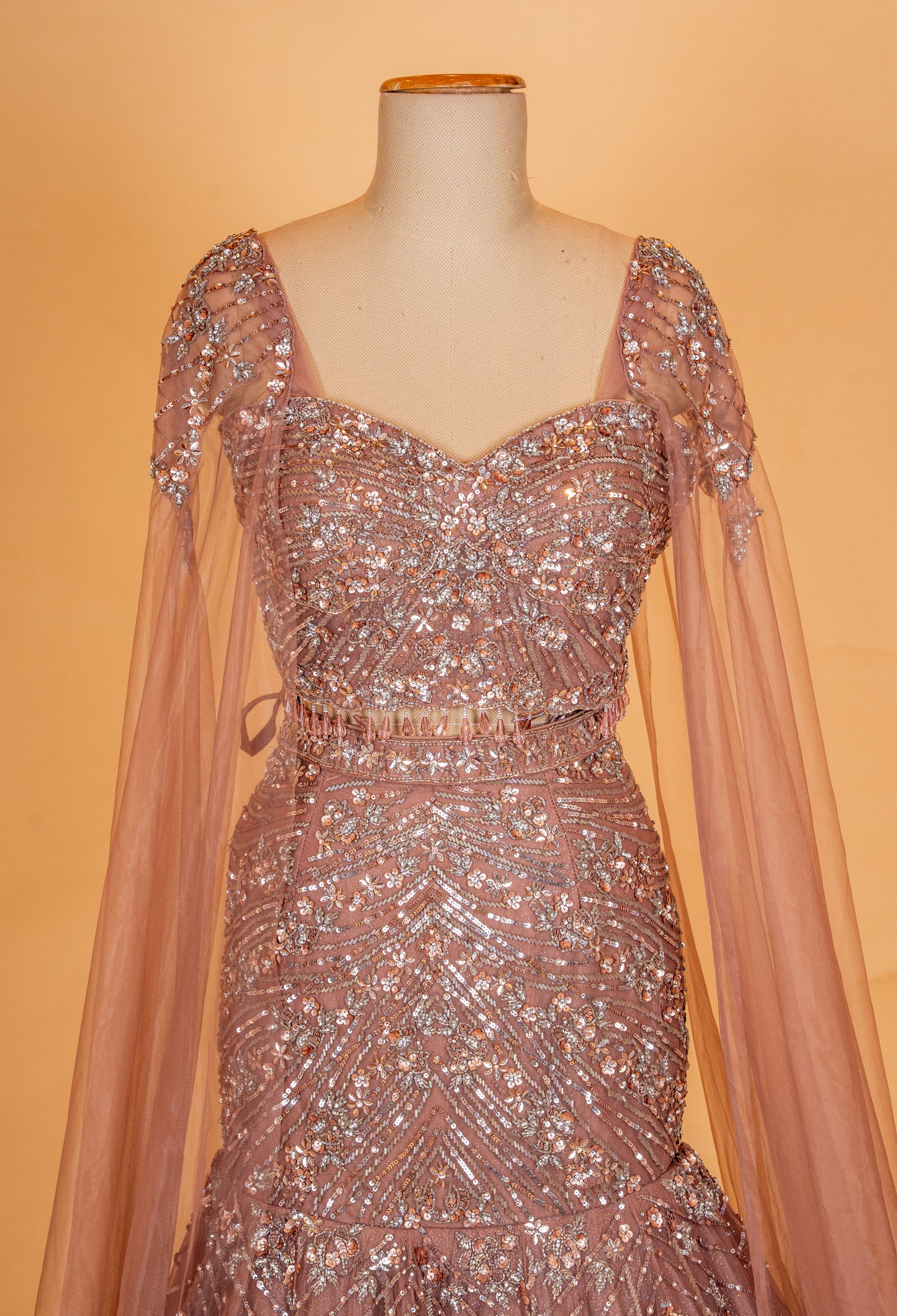 Dusty Rose Embellished Mermaid Lehenga with Cape Sleeves – Designer Evening & Bridal Wear