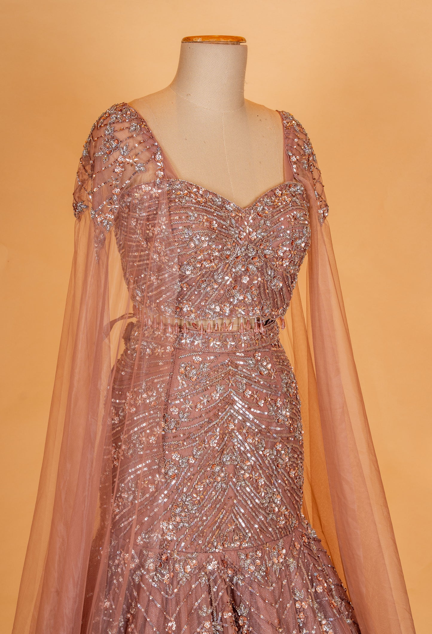Dusty Rose Embellished Mermaid Lehenga with Cape Sleeves – Designer Evening & Bridal Wear