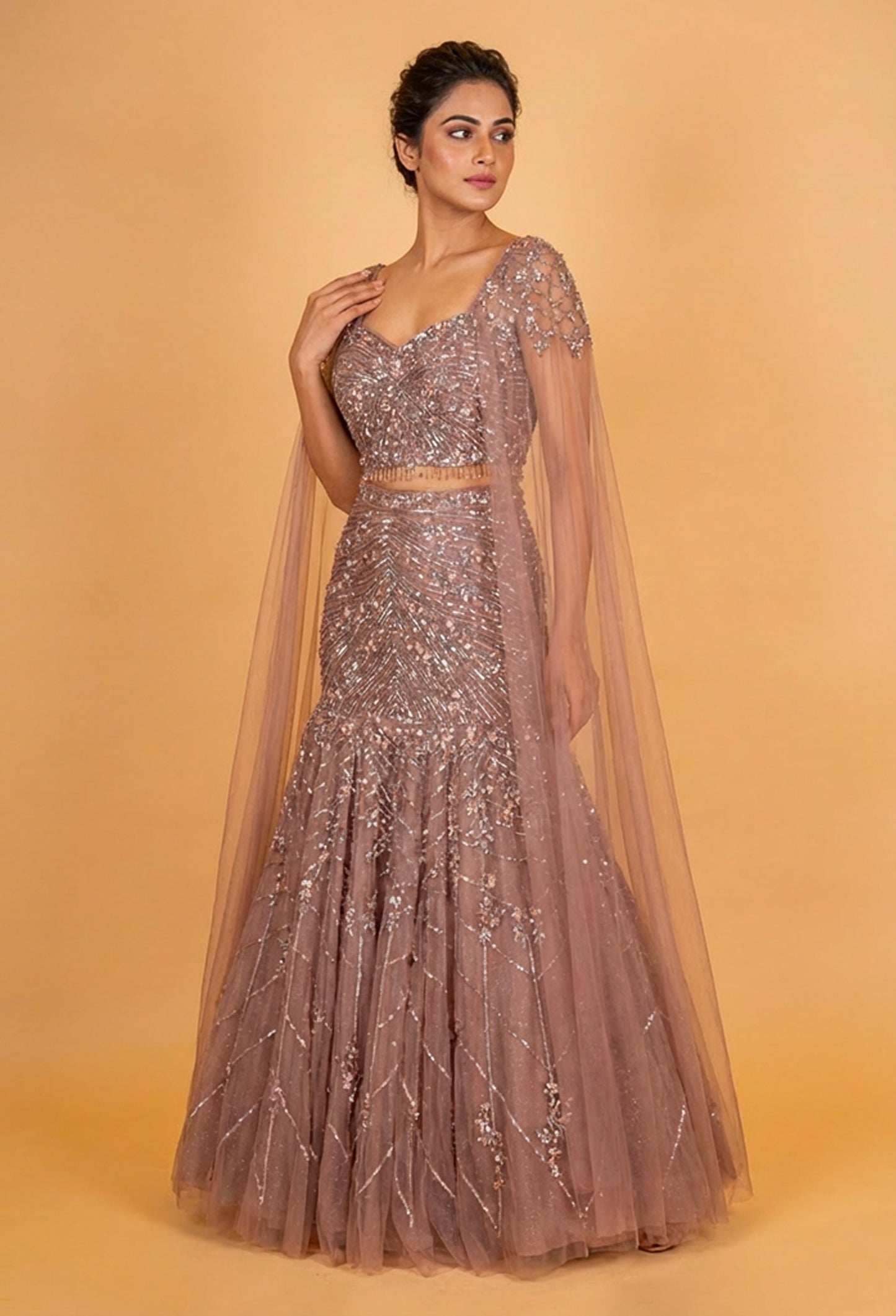 Dusty Rose Embellished Mermaid Lehenga with Cape Sleeves – Designer Evening & Bridal Wear