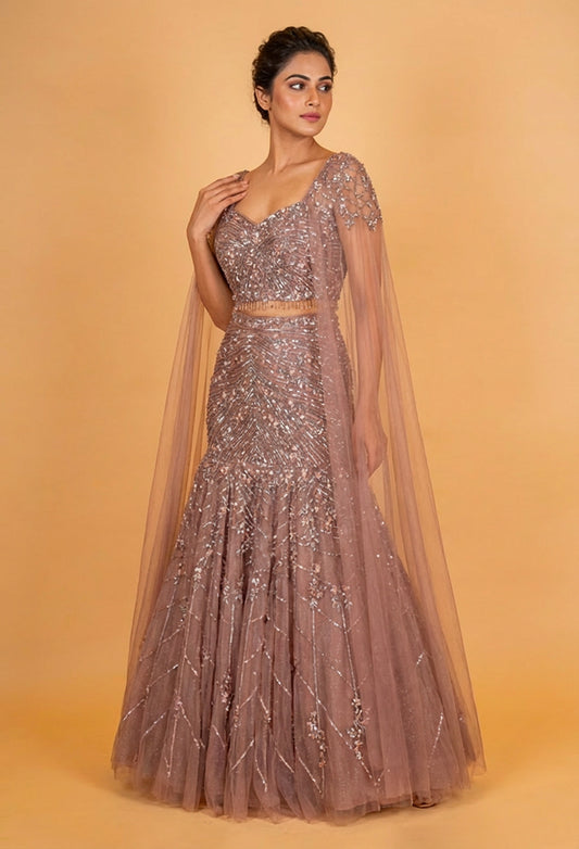 Dusty Rose Embellished Mermaid Lehenga with Cape Sleeves – Designer Evening & Bridal Wear
