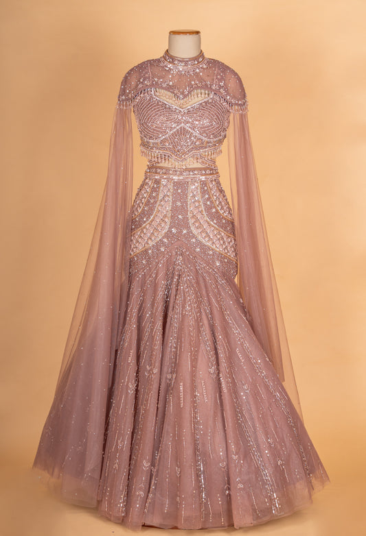 Blush pink embellished mermaid lehenga with cape sleeves – product image 2