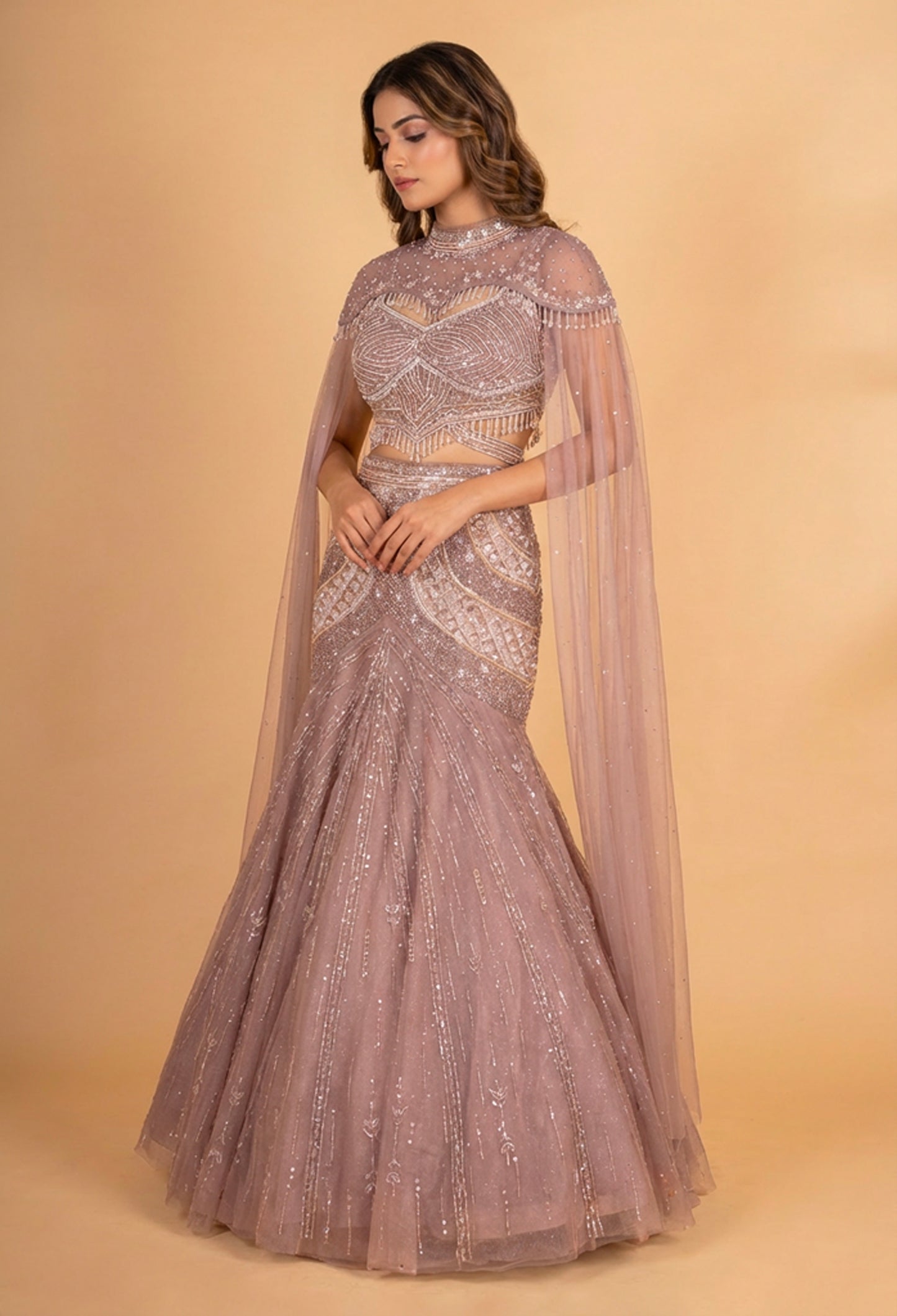 Blush Pink Embellished Mermaid Lehenga with Cape Sleeves – Designer Bridal & Occasion Wear