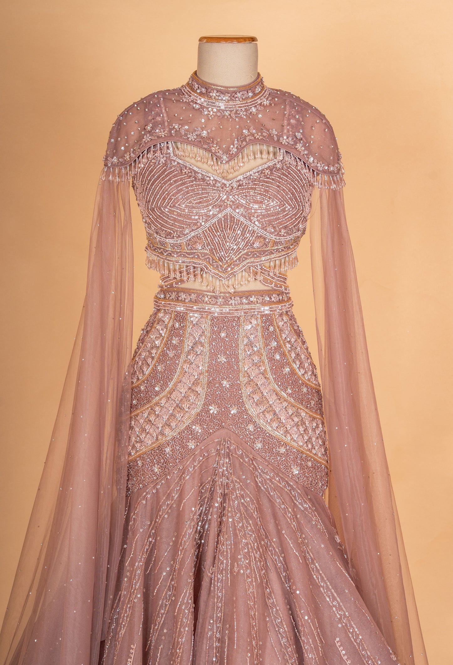 Blush Pink Embellished Mermaid Lehenga with Cape Sleeves – Designer Bridal & Occasion Wear