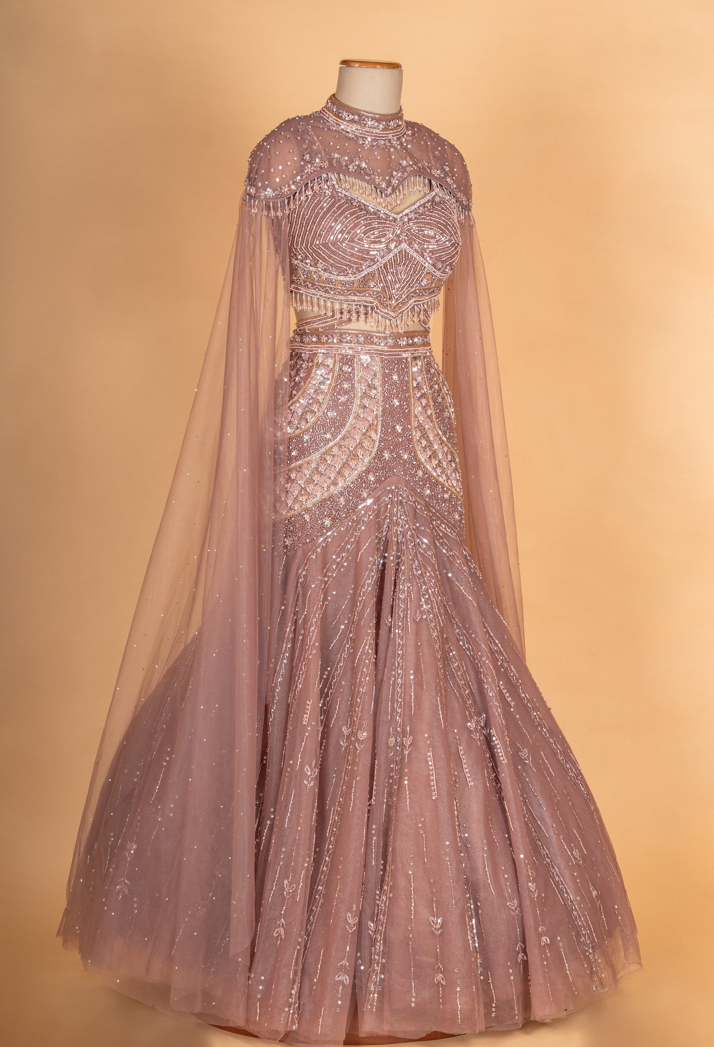 Blush Pink Embellished Mermaid Lehenga with Cape Sleeves – Designer Bridal & Occasion Wear