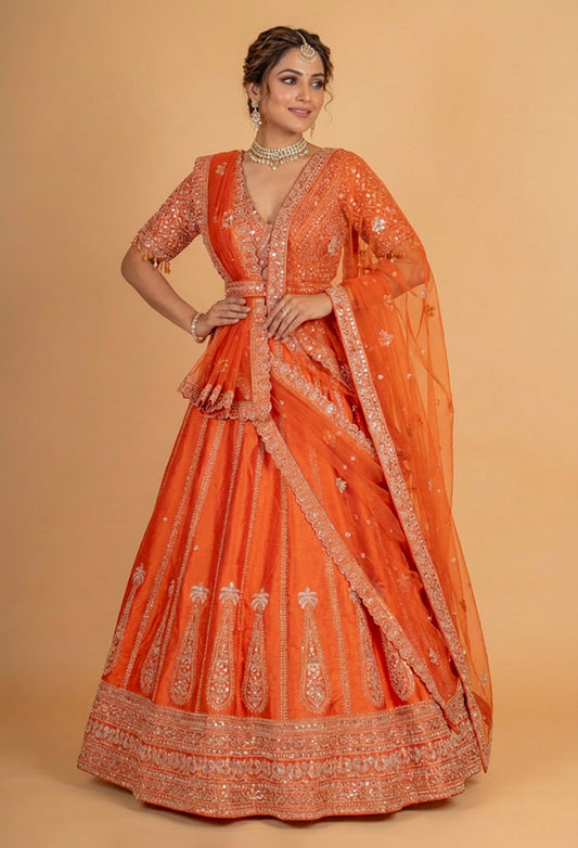 Orange Embroidered Lehenga Choli with Dupatta – Designer Wedding & Festive Wear