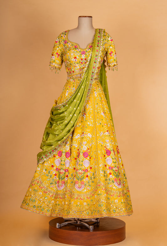 Yellow floral embroidered lehenga choli with green dupatta – product image 2