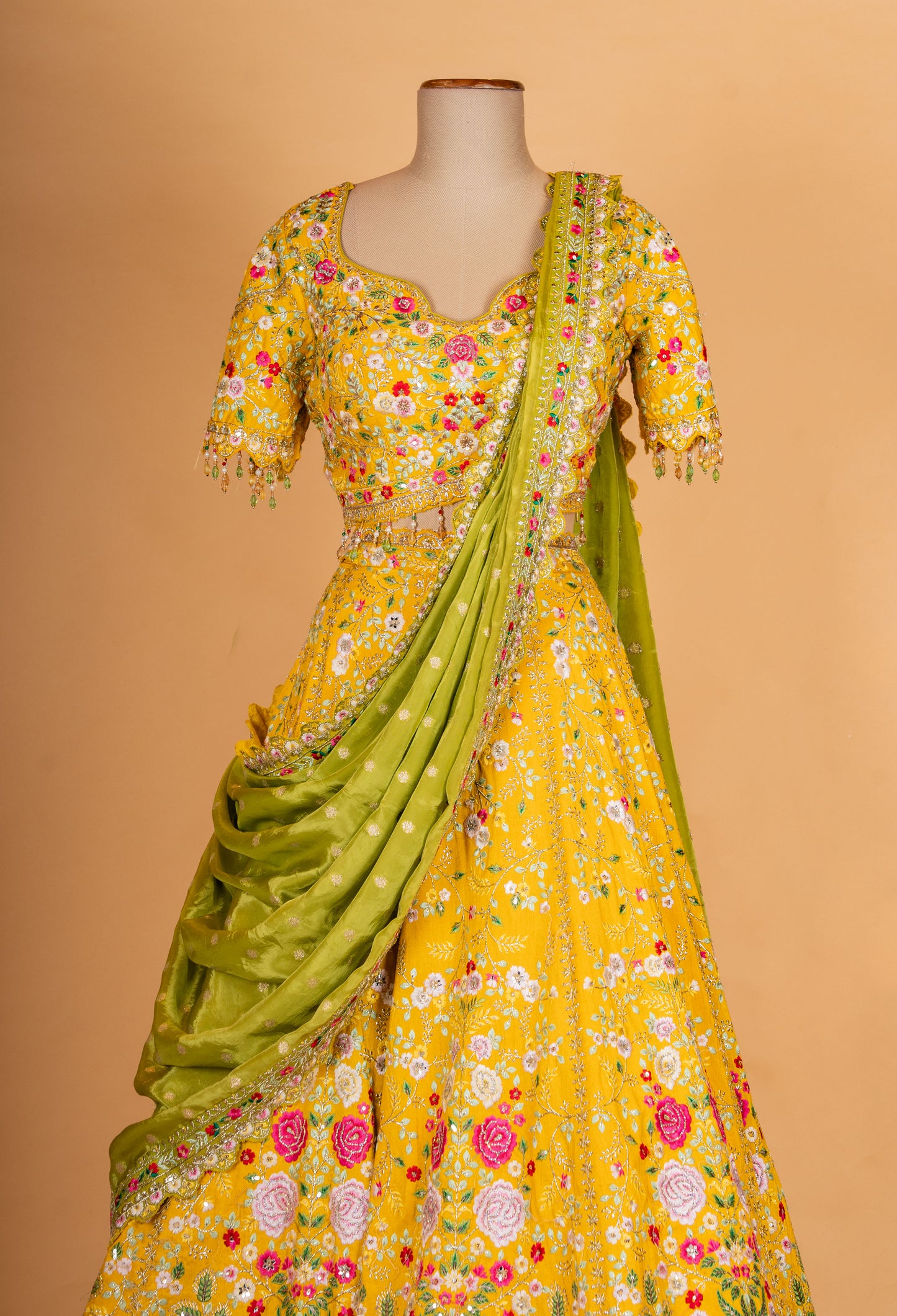 Yellow Floral Embroidered Lehenga Choli with Green Dupatta – Designer Festive & Wedding Wear