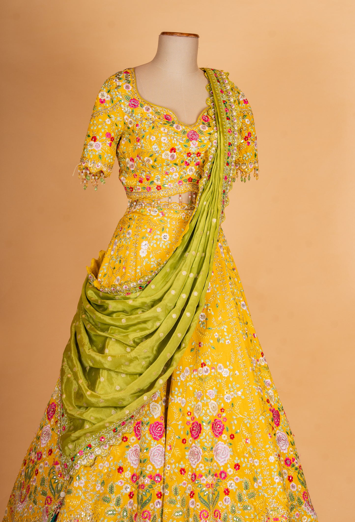 Yellow Floral Embroidered Lehenga Choli with Green Dupatta – Designer Festive & Wedding Wear