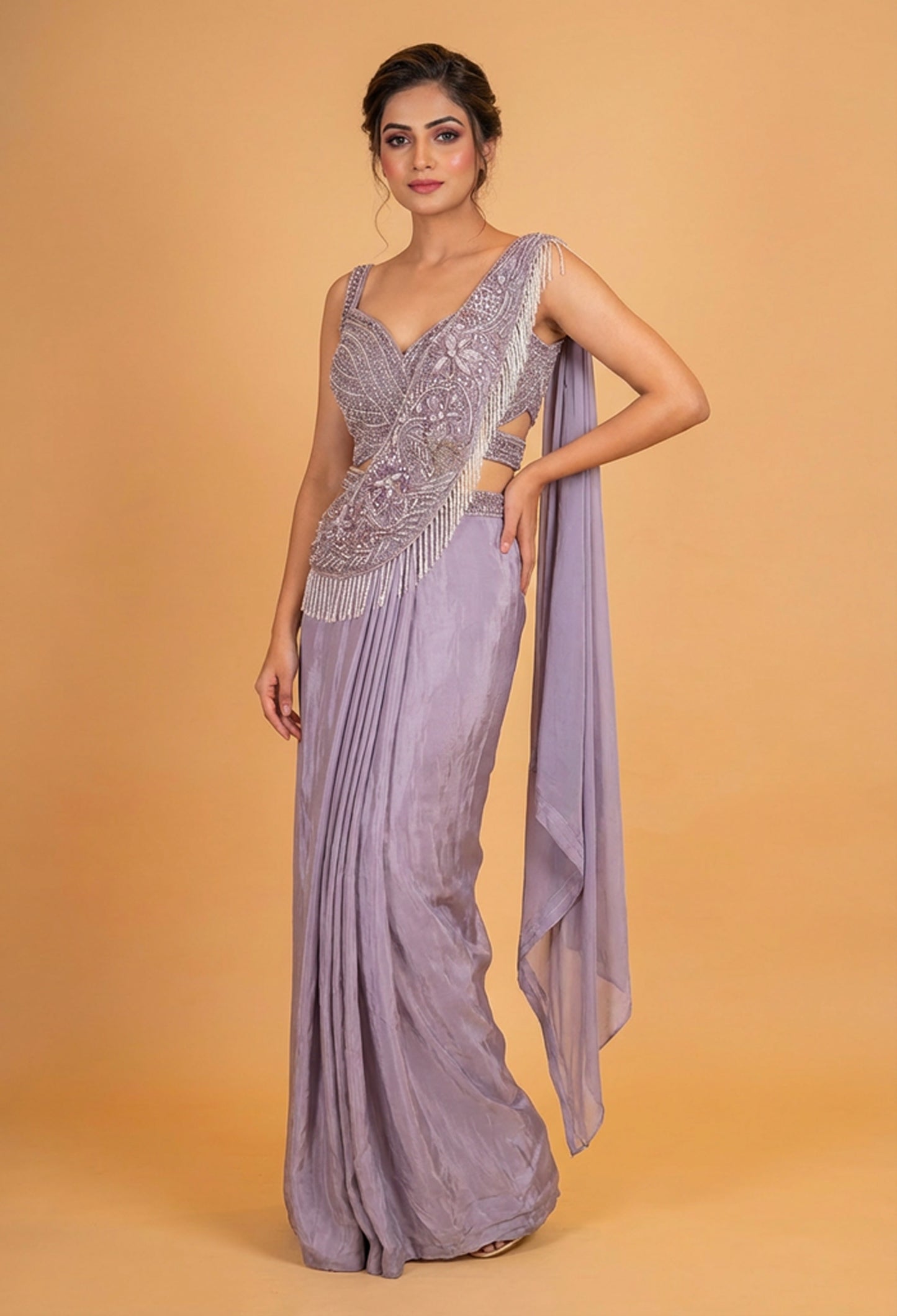 Lavender Pre-Draped Saree with Embellished Blouse – Designer Cocktail & Evening Wear