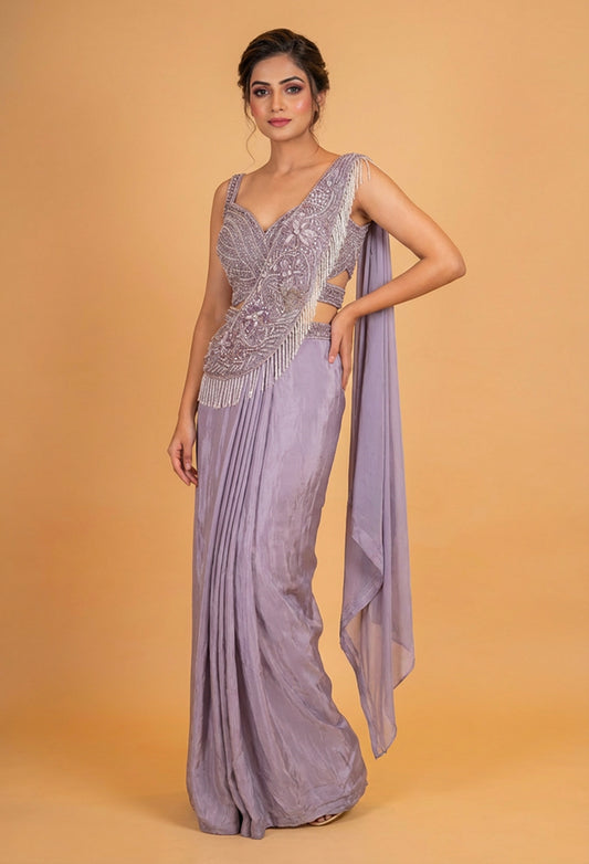 Lavender Pre-Draped Saree with Embellished Blouse – Designer Cocktail & Evening Wear