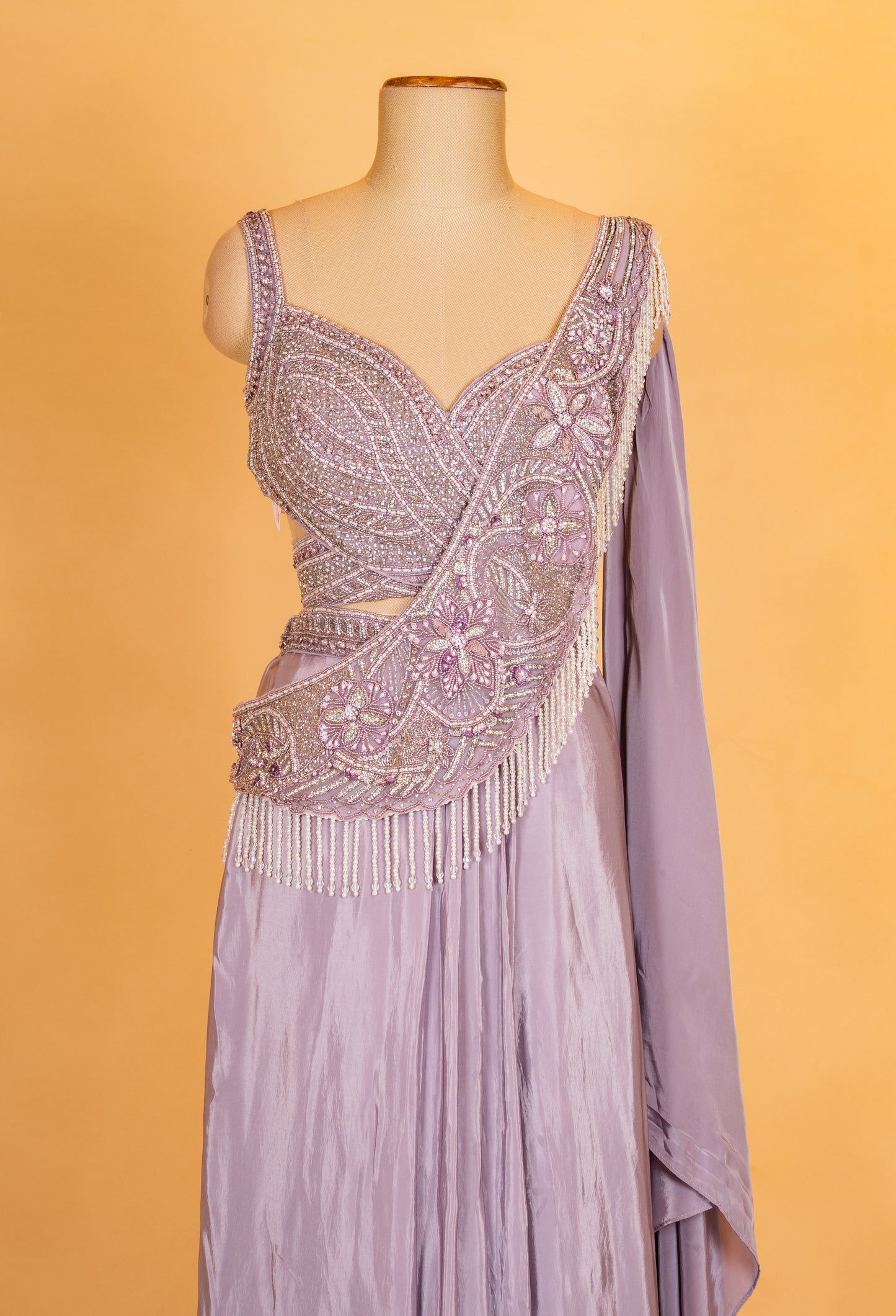 Lavender Pre-Draped Saree with Embellished Blouse – Designer Cocktail & Evening Wear