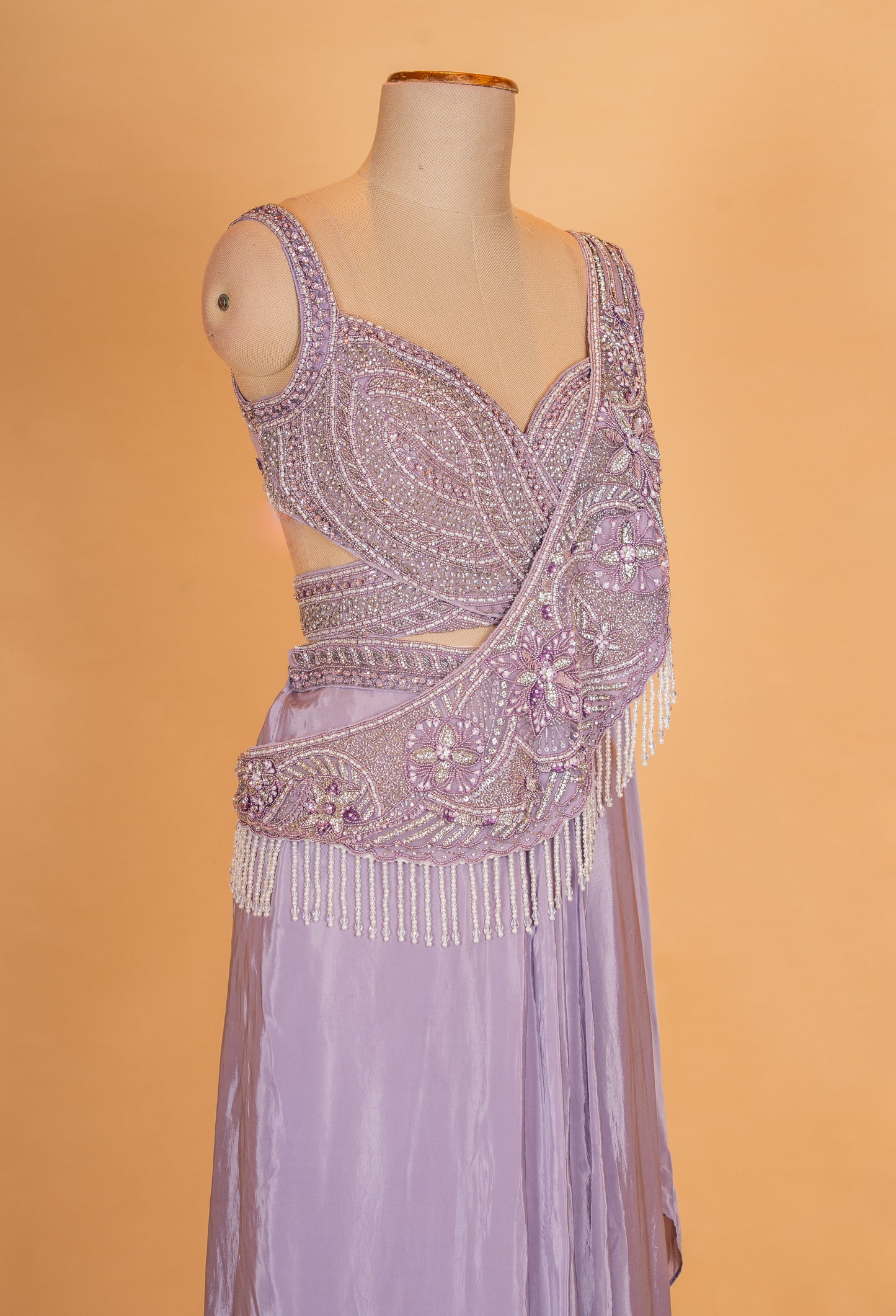 Lavender Pre-Draped Saree with Embellished Blouse – Designer Cocktail & Evening Wear