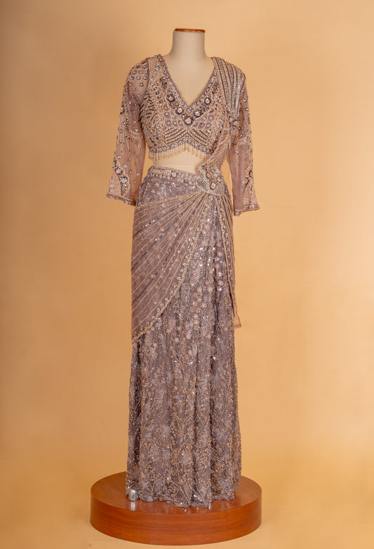 Taupe embellished pre-draped lehenga saree with full-sleeve blouse – product image 2