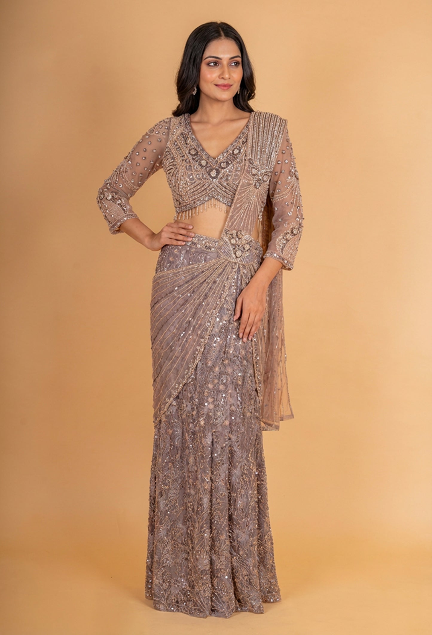 Taupe Embellished Pre-Draped Lehenga Saree with Full Sleeve Blouse – Designer Party & Cocktail Wear