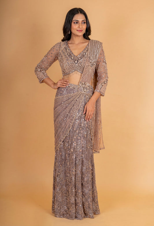 Taupe Embellished Pre-Draped Lehenga Saree with Full Sleeve Blouse – Designer Party & Cocktail Wear