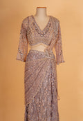 Taupe Embellished Pre-Draped Lehenga Saree with Full Sleeve Blouse – Designer Party & Cocktail Wear