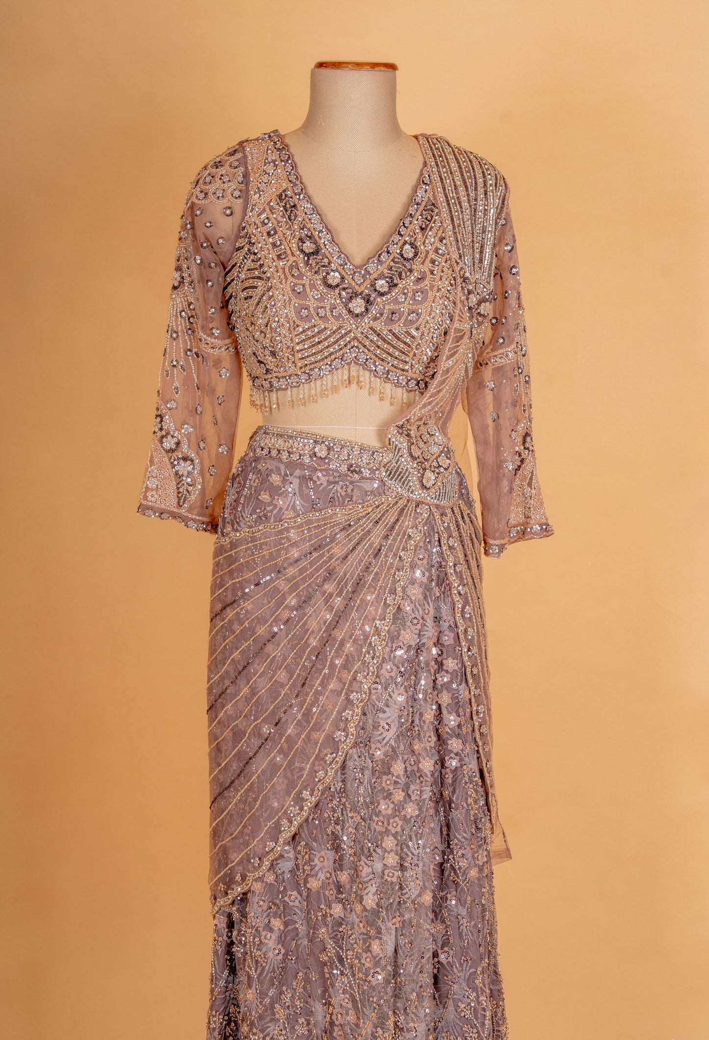 Taupe Embellished Pre-Draped Lehenga Saree with Full Sleeve Blouse – Designer Party & Cocktail Wear