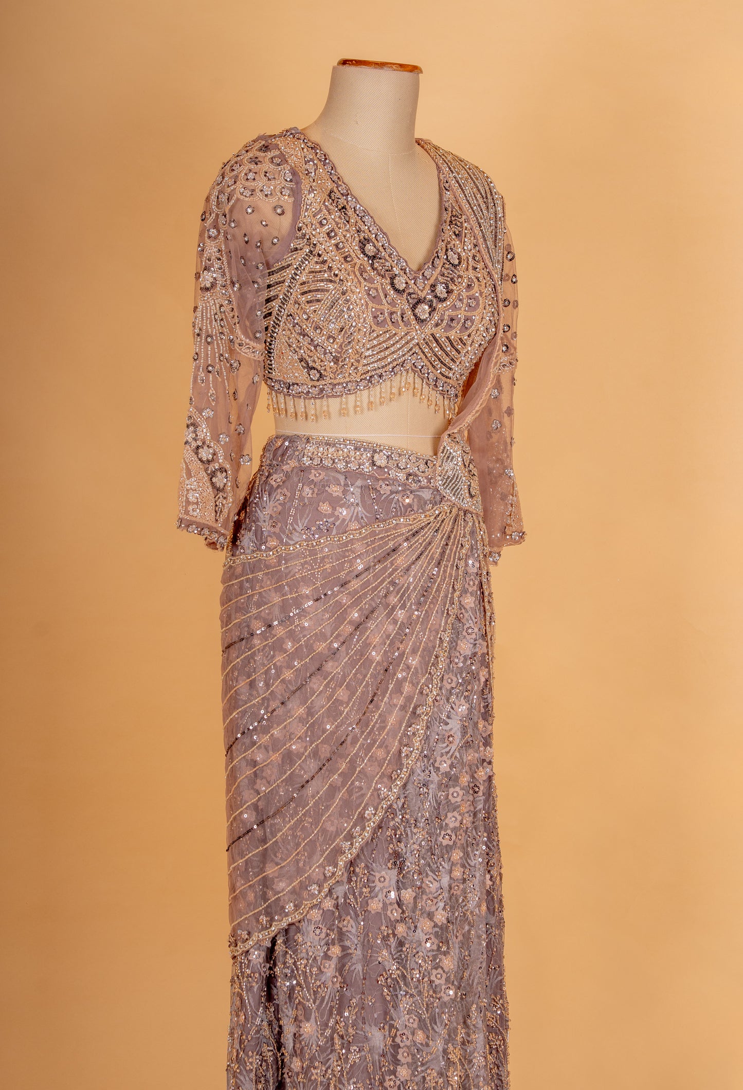 Taupe Embellished Pre-Draped Lehenga Saree with Full Sleeve Blouse – Designer Party & Cocktail Wear