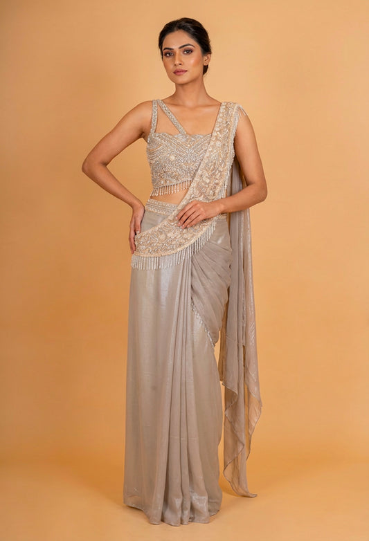 Silver Grey Pre-Draped Saree with Embellished Blouse – Designer Cocktail & Party Wear