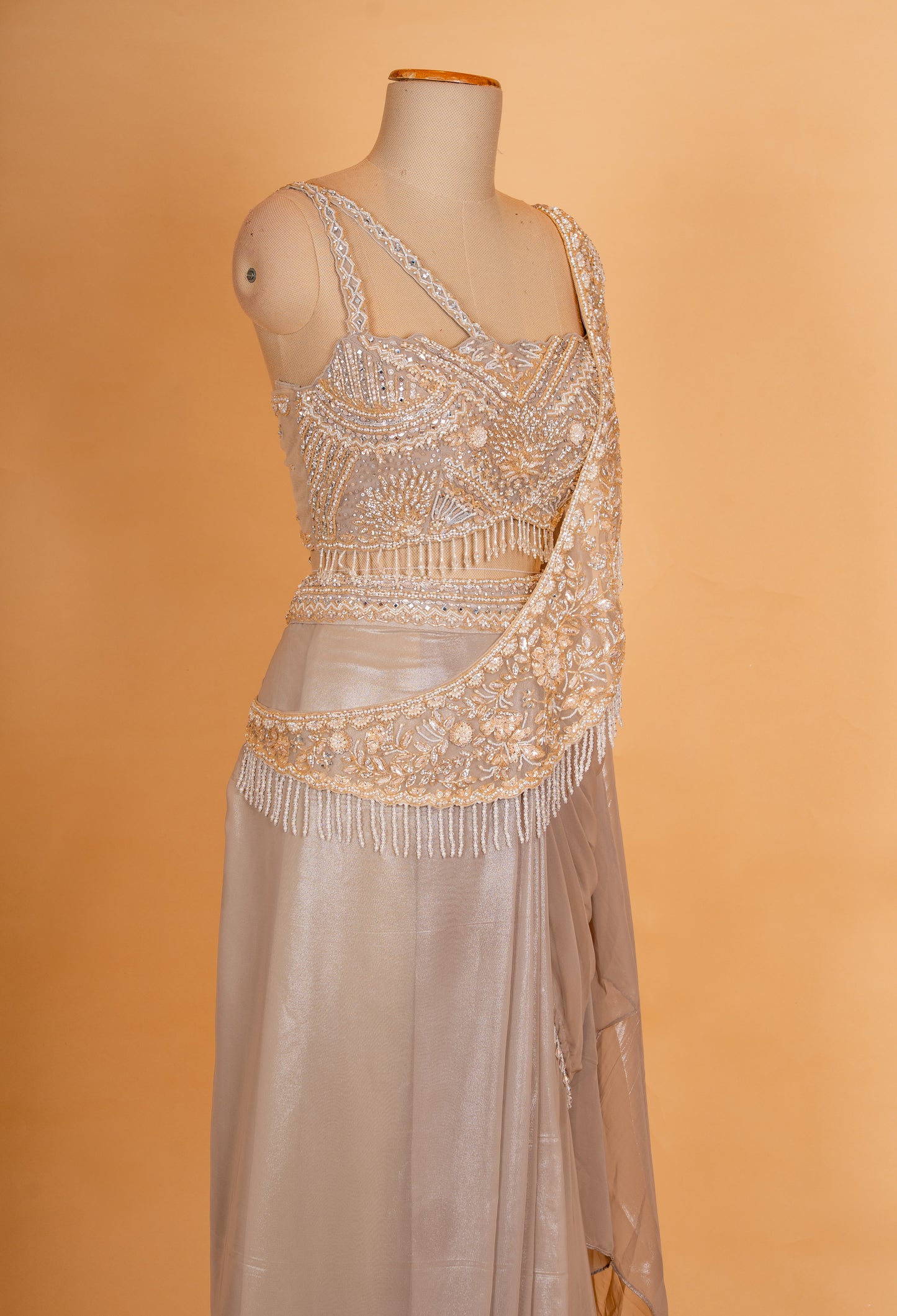 Silver Grey Pre-Draped Saree with Embellished Blouse – Designer Cocktail & Party Wear