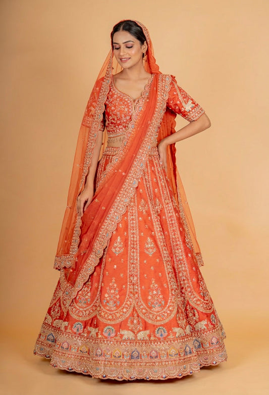 Orange Embroidered Bridal Lehenga Choli with Dupatta – Designer Wedding & Festive Wear