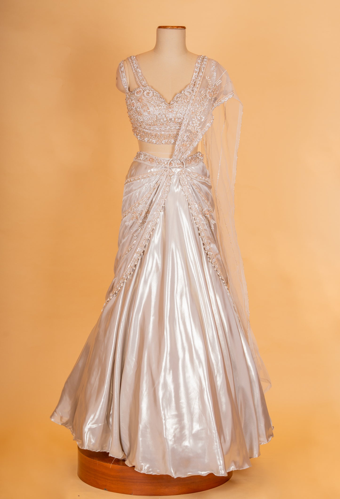 Champagne Gold Satin Lehenga with Embellished Blouse & Draped Dupatta – Designer Party & Reception Wear