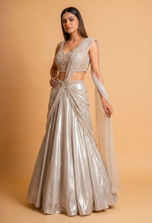 Champagne Gold Satin Lehenga with Embellished Blouse & Draped Dupatta – Designer Party & Reception Wear