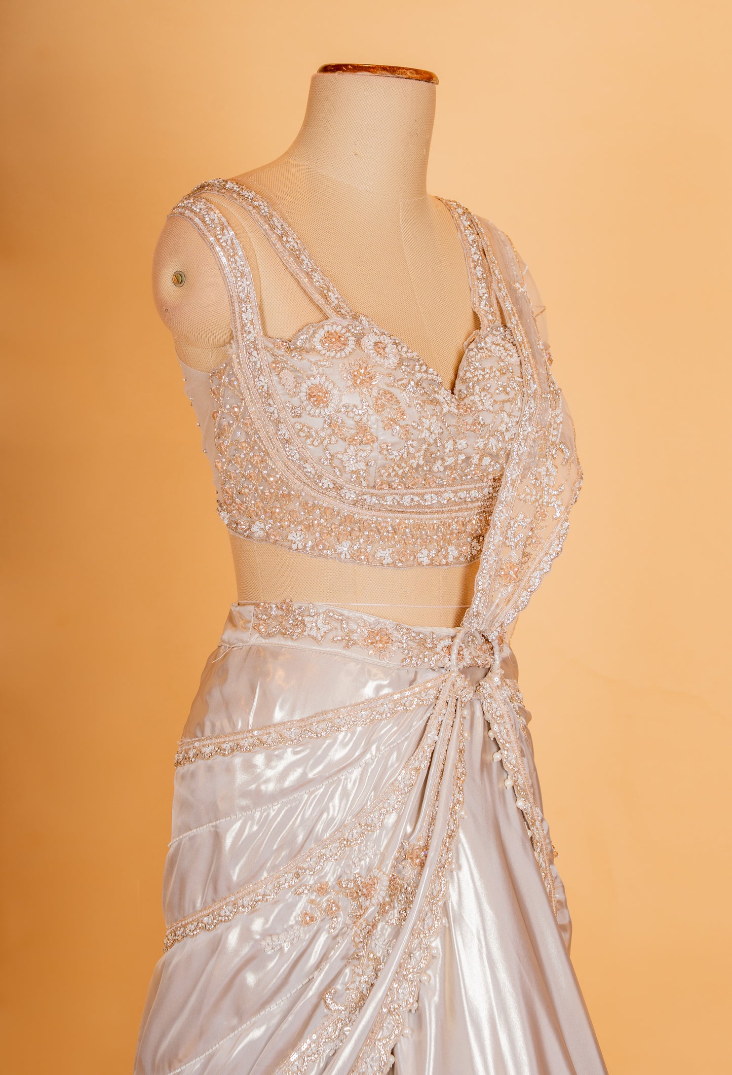 Champagne Gold Satin Lehenga with Embellished Blouse & Draped Dupatta – Designer Party & Reception Wear
