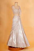 Champagne Gold Satin Lehenga with Embellished Blouse & Draped Dupatta – Designer Party & Reception Wear