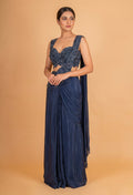 Navy Blue Pre-Draped Saree with Embellished Blouse – Designer Cocktail & Evening Wear