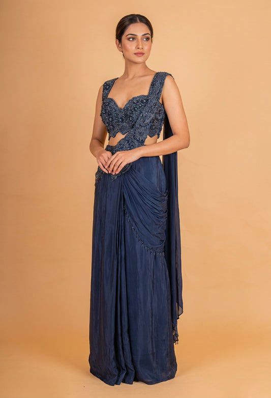 Navy Blue Pre-Draped Saree with Embellished Blouse – Designer Cocktail & Evening Wear